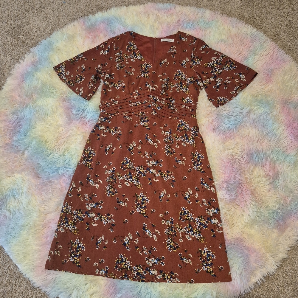 Jessica Robertson Small Brown Floral A-Line Midi Dress with Pockets
